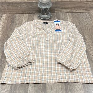 Felina Tan Checkered V-Neck Blouse